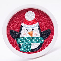 Kits de pintura de diamantes con tema navideño diy para niños, fabricación de marcos de fotos con patrón de pingüino, con diamantes de imitación de la resina, pluma, plato de bandeja y arcilla de cola, color mezclado, 19.7x1.6 cm, diámetro interior: 16.9 cm