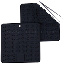 Gorgecraft 2Pcs Square Silicone Hot Mats for Hot Dishes, Heat Resistant Pot Holder, Heat Insulation Pad Kitchen Tool, with 1Pc Iron Beading Tweezers, Black, 185x185x7mm, Hole: 12mm