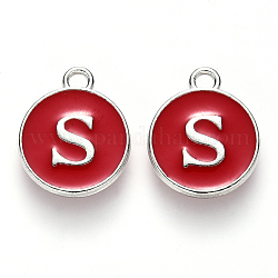 Platinum Plated Alloy Enamel Charms, Cadmium Free & Lead Free, Enamelled Sequins, Flat Round with Letter, Red, Letter.S, 14x12x2mm, Hole: 1.5mm