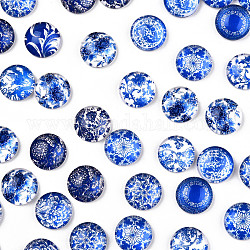 Bleu et blanc imprimé floral cabochons de verre, demi-rond / dôme, bleu acier, 12x4mm