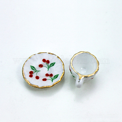 2 mini tasse à thé et soucoupe en porcelaine motif cerise, pour accessoires de maison de poupée, faire semblant de décorations d'accessoires, blanc, tasse à thé: 12x7x9mm, soucoupe : 17mm