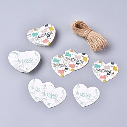 Paper Gift Tags, Hang Tags, with Jute Twine, for Wedding/Valentine's Day/Thanksgiving, Heart with Flower Pattern and Word Handmade, Colorful, 39.5x45x0.5mm, Hole: 3.7mm, 50pcs/set