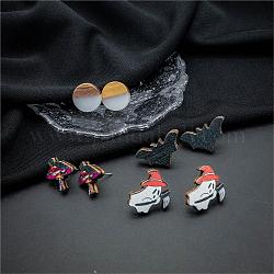 Set di orecchini a bottone in legno con pipistrello fantasma e fungo di Halloween, orecchini a bottone rotondi piatti in resina e legno da donna, colore misto, 15~25x15~18mm, 4 coppie / set