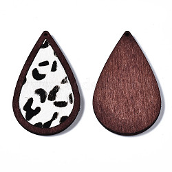 Grands pendentifs en cuir de vachette écologique, avec du bois teint, goutte d'eau avec imprimé léopard, noir, 60x36x4mm, Trou: 1.2mm