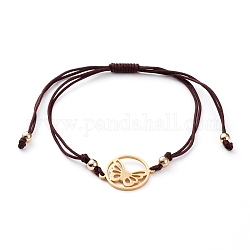 Bracelet de perles tressées en cordon de nylon ajustable, avec 201 maillons en acier inoxydable et perles en laiton, anneau avec papillon, or, brun coco, diamètre intérieur: 3-1/2 pouce (9 cm)