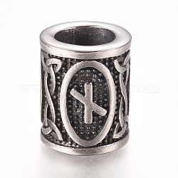 304 perline europei in acciaio inox, perline con foro grande, colonna con rune / futhark / futhor, argento antico, 16.2x13.4mm, Foro: 8 mm