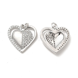 Brass Micro Pave Cubic Zirconia Pendants, with Jump Ring, Double Heart Charm, Platinum, 19x18x2mm, Hole: 3.5mm