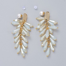 Electroplate Glass Cluster Beads Stud Earrings, with Brass Stud Earring Findings, Acrylic Pearl & Plastic Ear Nuts, Earring Backs, Cardboard Boxes and Plastic Zip Lock Bags, Golden, White, 78mm, Pin: 0.7mm