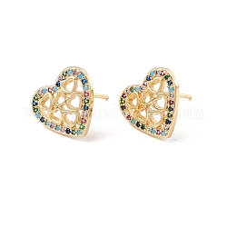 Aretes de corazón con circonitas cúbicas de colores, joyas de latón para mujer, sin plomo y el cadmio, real 18k chapado en oro, 11.5x13mm, pin: 0.8 mm