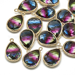 Glass Pendants, with Golden Tone Brass Findings, Faceted, teardrop, Indigo, 23x15x7mm, Hole: 1.5~2mm