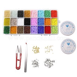 Bracelets de bricolage faisant des kits, inclure 8/0 perles de rocaille en verre, perles d'espacement de fer et d'alliage, Fil cristal, fil élastique, & ciseaux & pincettes & fermoirs à pince de homard, couleur mixte, verre de graine: 3mm, Trou: 1mm, 24 couleurs, 450 pcs / couleur, 10800 pcs