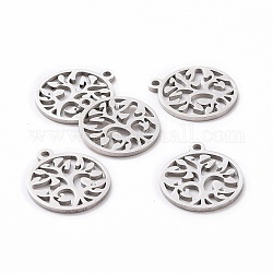 201 Stainless Steel Pendants, Filigree Joiners Findings, Laser Cut, Flat Round with The Tree of Life, Stainless Steel Color, 17x14.5x1mm, Hole: 1.5mm