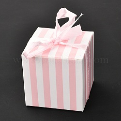 Scatola regalo di carta creativa pieghevole quadrata, motivo a righe con nastro, confezione regalo decorativa per matrimoni, roso, 55x55x55mm
