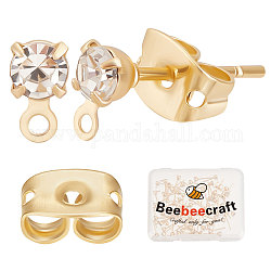 Beebeecraft 80Pcs Brass Stud Earring Findings, with Clear Cubic Zirconia & Horizontal Loops & 80Pcs Friction Ear Nuts, Diamond, Real 18K Gold Plated, 5.5x3mm, Hole: 0.8mm, Pin: 0.7mm