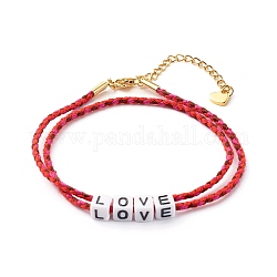 Bracelets de chaîne en cordon de coton à deux boucles, avec des perles acryliques de cube, mot d'amour, rouge, 15-3/8 pouce (39 cm)