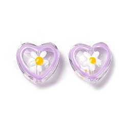 Transparente Glasperlen, mit Emaille, Herz mit Blumenmuster, Pflaume, 12x12x6.5 mm, Bohrung: 0.9 mm