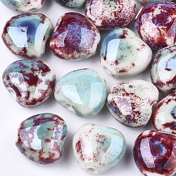 Manuell Porzellan Perlen, Phantasie antiken glasiertem Porzellan, Herz, Farbig, 14~15x16x9~10 mm, Bohrung: 2 mm