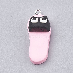 Handmade Polymer Clay Kitten Pendants, with Iron Findings, Slipper with Cat Head Shape, Platinum, Pearl Pink, 34~35x14x12.5mm, Hole: 2mm