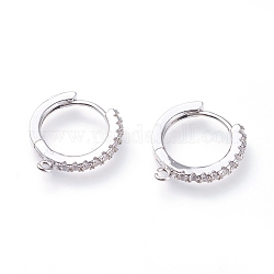 Brass Micro Pave Cubic Zirconia Huggie Hoop Earring Findings, with Horizontal Loops, Ring, Clear, Platinum, 15.5x14.5x2mm, Hole: 1mm, pin: 0.9mm