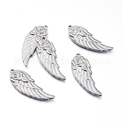 304 Stainless Steel Pendants, Wing with Rose, Stainless Steel Color, 36.5x15x2.5mm, Hole: 1.5mm