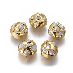 Natural Cultured Freshwater Pearl Beads, with Brass Findings, Flat Round, White, Golden, 25~27x15~17.5mm, Hole: 1.2mm