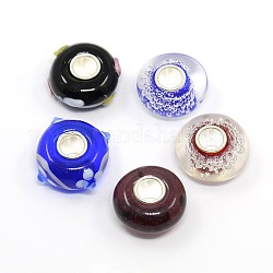 Handmade Lampwork European Beads, with Sterling Silver Single Core, Large Hole Rondelle Beads, Mixed Color, 14~16x7mm, Hole: 4mm