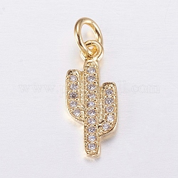Brass Micro Pave Cubic Zirconia Charms, Cactus, Golden, 15x6.5x1mm, Hole: 3mm