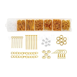 DIY Earrings Making, Including Plastic Ear Nuts, Iron Eye Pins & Flat Head Pins & Jump Rings & Bead Caps & Earring Hooks and Iron Ends with Twist Chain Extension., Golden, Findings: 560Pcs/Box