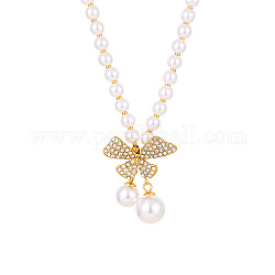 304 collier pendentif nœud papillon en acier inoxydable avec perles naturelles, or, 14.57 pouce (37 cm)