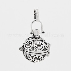 Hollow Brass Cage Pendants, For Chime Ball Pendant Necklaces Making, Round with Smiley Face Pattern, Antique Silver, 35x25x21mm, Hole: 3x8mm, Inner Diameter: 18mm