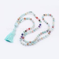 Colliers pendentif pompon amazonite fleur naturelle, avec des perles de pierres fines, colliers chakra, 40.5 pouce (103 cm)