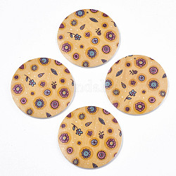 Pendentifs en bois imprimées, plat rond avec motif floral, orange, 30x5mm, Trou: 1.6mm