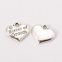 Antique Silver Tone Tibetan Style Heart with Sister of Groom Rhinestone Charms, Cadmium Free & Lead Free, Wedding Theme, Crystal, 14x16x3mm, Hole: 2mm