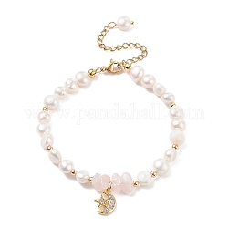 Chip di quarzo rosa naturale e braccialetto di perline, Bracciale da donna con ciondolo a forma di luna e stella in zirconi chiari, oro, 7-5/8 pollice (19.5 cm)