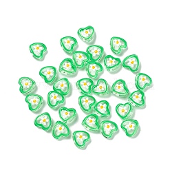 Transparent Glass Beads, with Enamel, Heart with Flower Pattern, Lime Green, 12x12x6.5mm, Hole: 0.9mm