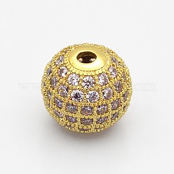 CZ Brass Micro Pave Grade AAA Thistle Color Cubic Zirconia Round Beads, Cadmium Free & Nickel Free & Lead Free, Real 18K Gold Plated, 8mm, Hole: 1.7mm
