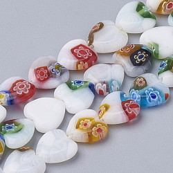 Hilos hechos a mano millefiori lampwork beads, corazón, color mezclado, 10x10x3mm, agujero: 1 mm, aproximamente 39 pcs / cadena, 14.1 pulgada