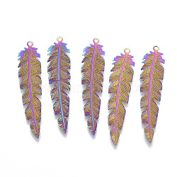 Ion Plating(IP) 304 Stainless Steel Filigree Pendants, Etched Metal Embellishments, Leaf, Rainbow Color, 41.5x9x0.4mm, Hole: 1.2mm