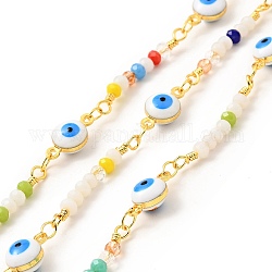 Brass Flat Round Link Chains, with Colorful Enamel Evil Eye & Glass Round Beaded, Lead Free & Cadmium Free, Soldered, with Spool, Real 18K Gold Plated, 12x6.5x4.5mm, 26x3mm