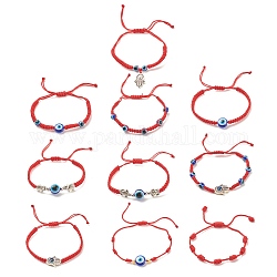 Ensemble de bracelets de perles tressées en résine mauvais œil de style 10pcs 10, hamsa main & tortue & éléphant alliage lien bracelets réglables pour femmes, rouge, diamètre intérieur: 1-1/2~3 pouce (3.9~7.65 cm), 1pc / style