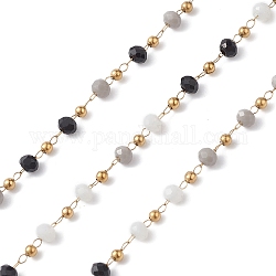 Chaînes de perles en verre manuels, facette, non soudée, avec chaînes en 304 acier inoxydable, or, ronde, noir, 2~3x2~2.5mm