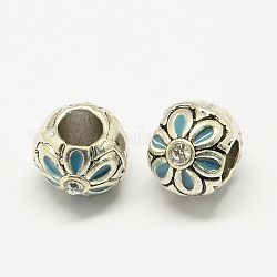 Perles européennes alliage strass de style de l'émail, grandes perles rondes trou avec fleur, bleu clair, 10x9mm, Trou: 4.5mm
