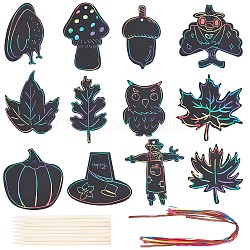 CREATCABIN 24Pcs 12 Styles Thanksgiving Fall Rainbow Scratch Paper Art Set Black Scratch It Off Magic Paper Crafts Supplies Hanging Decor Wooden Stylus for Bulk Holiday Party Home Classroom Gifts
