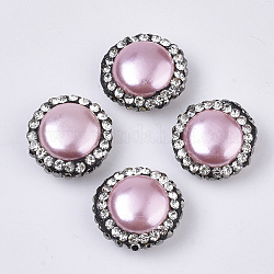 Perles nacrées en coquilles, avec jet d'argile polymère & strass cristal, plat rond, rose, 15~15.5x7~7.5mm, trou : 0.9~-1mm