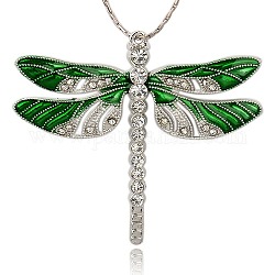 Gros pendentifs de libellule émail en alliage platine, avec strass, verte, 57x64x5mm, Trou: 2mm