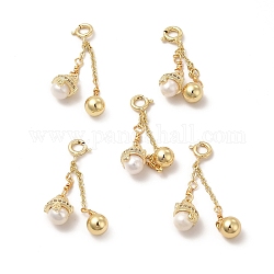 Fermagli ad anello a molla in ottone con ornamento rotondo di perle naturali, charms sfera rotonda, vero placcato oro 14k, 37mm, perla perline: 11x8x7mm, perline: 7x6 mm