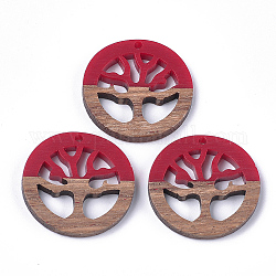 Resin & Walnut Wood Pendants, Flat Round with Tree, Red, 28x2.5~4mm, Hole: 1.8mm