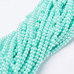 Abalorios de perla de vidrio, pearlized, redondo, cian claro, 3mm, agujero: 1 mm, aproximamente 200 pcs / cadena, 25.59 pulgada (65 cm)