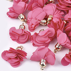 Ciondoli di stoffa, con plastica ccb, 6 -petal, fiore, oro, rosa caldo, 26~27x17~28mm, Foro: 1.6 mm