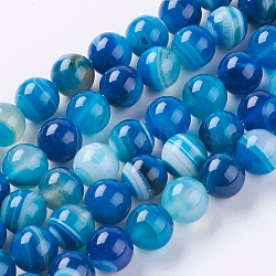 Chapelets de perles en agate à rayures naturelles/agates à bandes, teinte, ronde, bleu royal, 10mm, Trou: 1.2mm, Environ 38 pcs/chapelet, 15.75 pouce